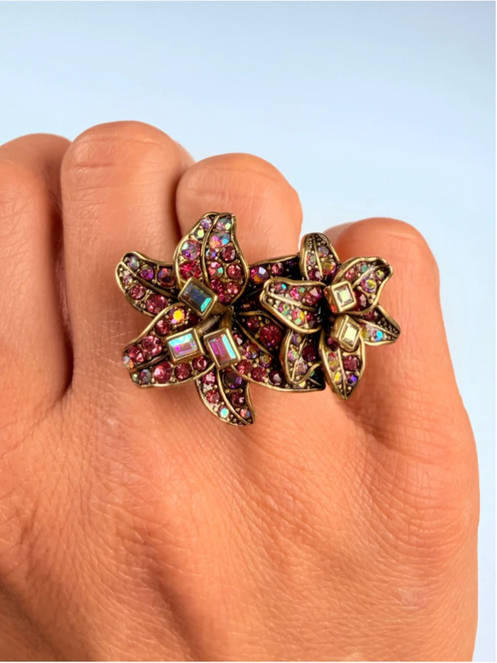 Heidi Daus Foral Rose Swarovski Crystal Aurora Borealis Statement Gold Ring NWT